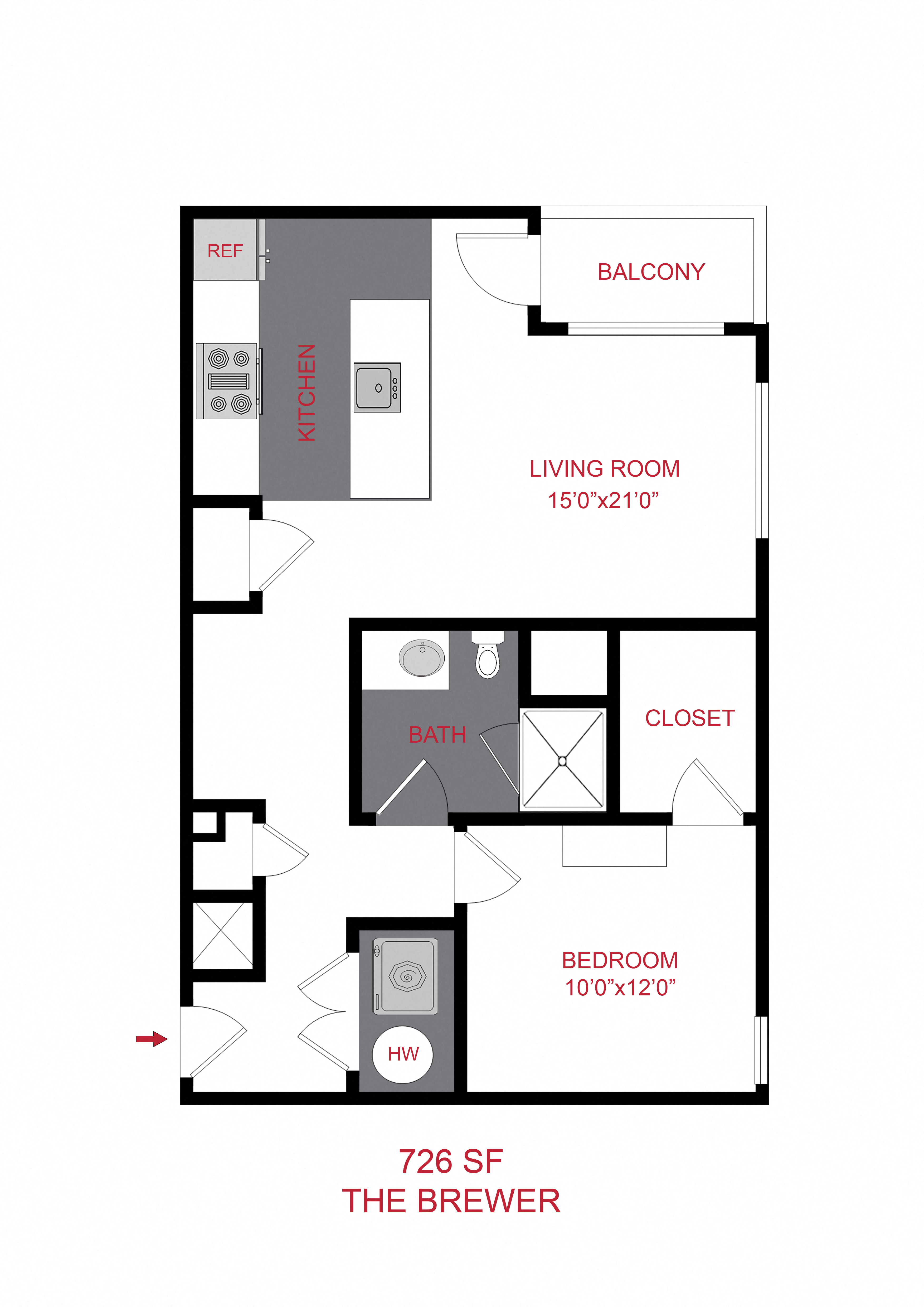 Floor plan for 1 bed, 1 bath, 726 sqft